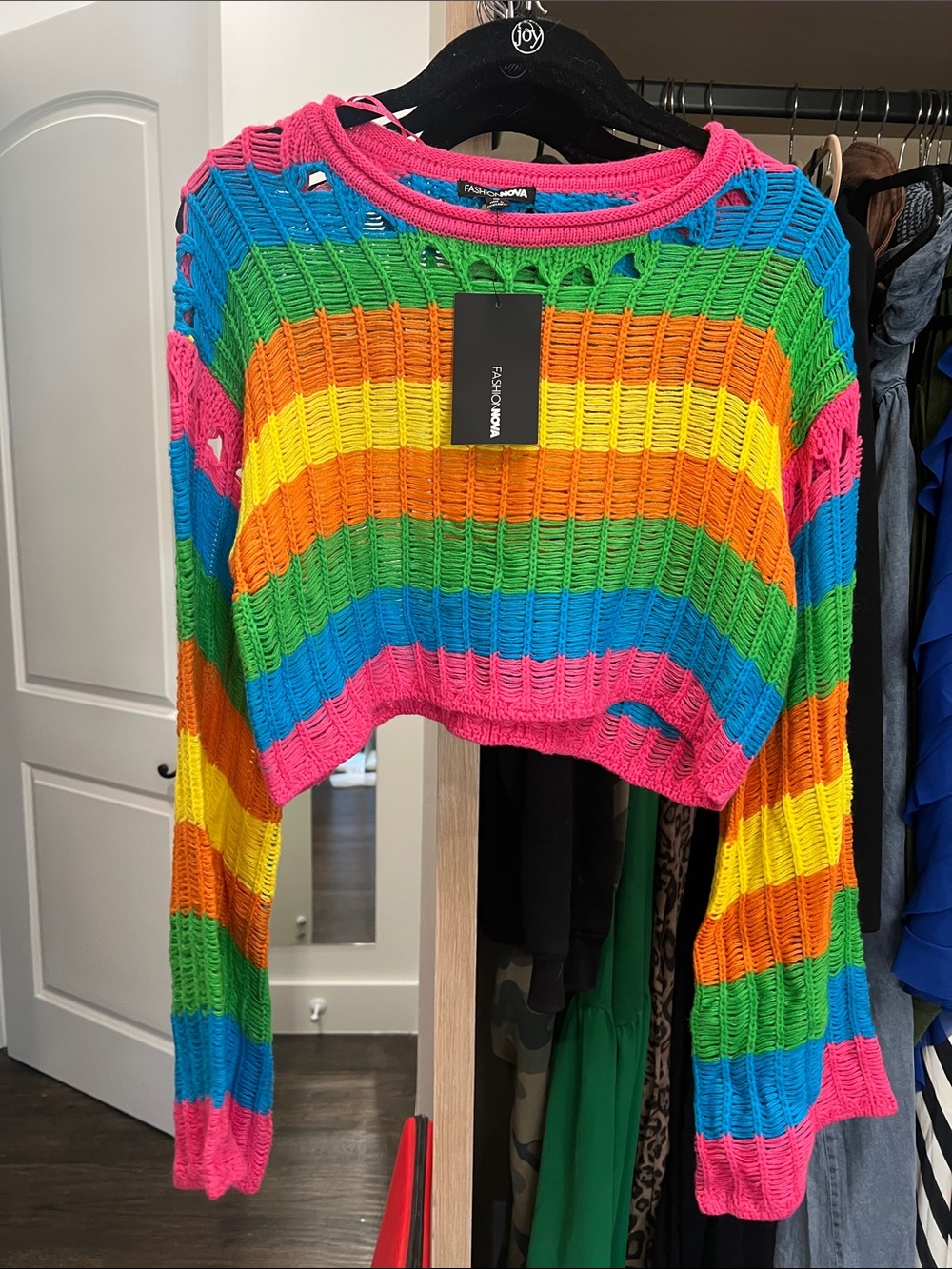 Fashion Nova Rainbow Striped Open-Knit Crop Sweater - Pink Multi